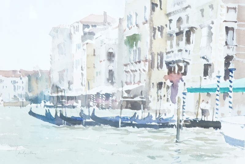 Contemporary, ‘Canal Facades’, Venetian scene, indistinctly signed, watercolour, 34 x 50cm